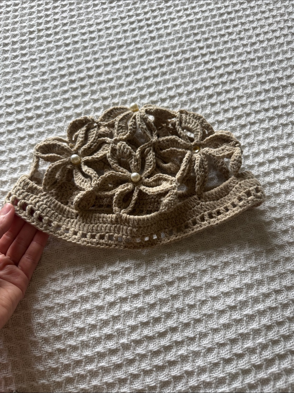 Crochet Flower Beanie with Pearl Embellishments — Beige